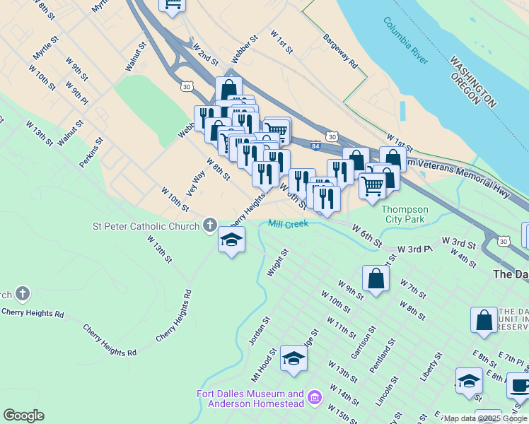map of restaurants, bars, coffee shops, grocery stores, and more near 1030 West 8th Place in The Dalles