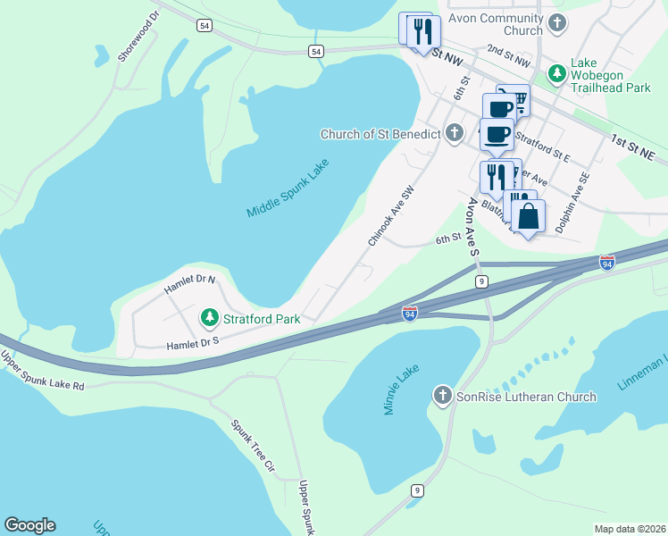 map of restaurants, bars, coffee shops, grocery stores, and more near 621 Chinook Avenue Southwest in Avon