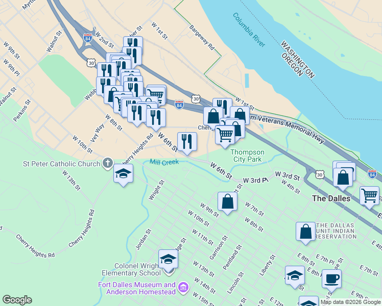 map of restaurants, bars, coffee shops, grocery stores, and more near 915 West 6th Street in The Dalles