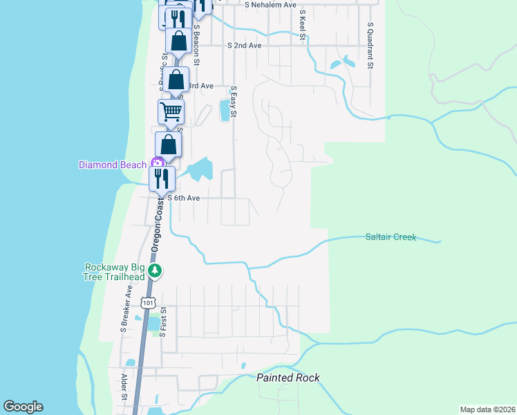 map of restaurants, bars, coffee shops, grocery stores, and more near 620 S Falcon St in Rockaway Beach