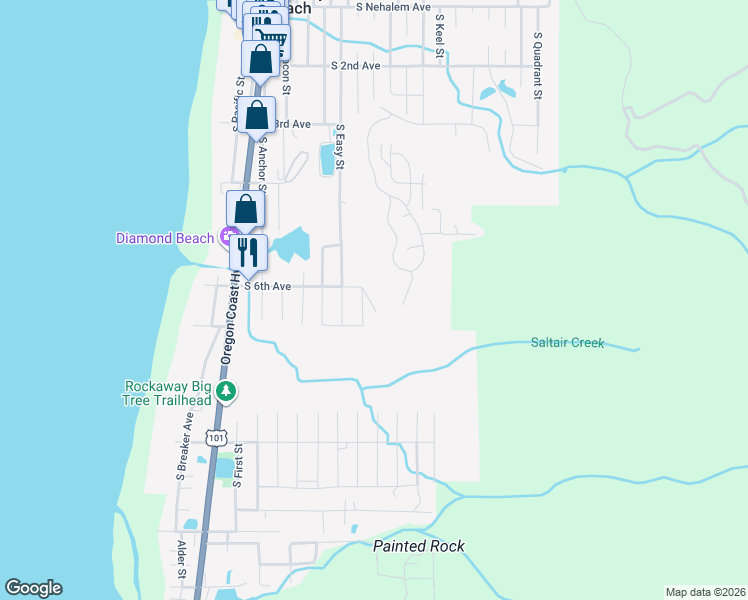 map of restaurants, bars, coffee shops, grocery stores, and more near 620 South Falcon Street in Rockaway Beach