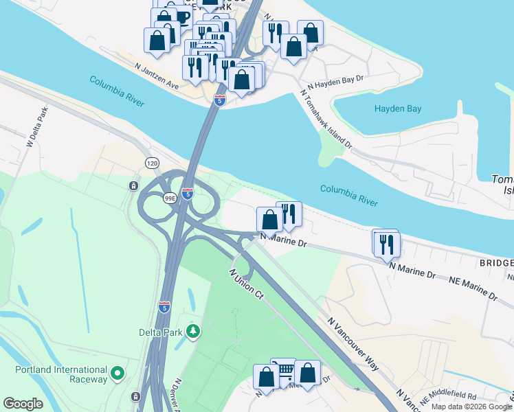 map of restaurants, bars, coffee shops, grocery stores, and more near 1055 North Anchor Way in Portland