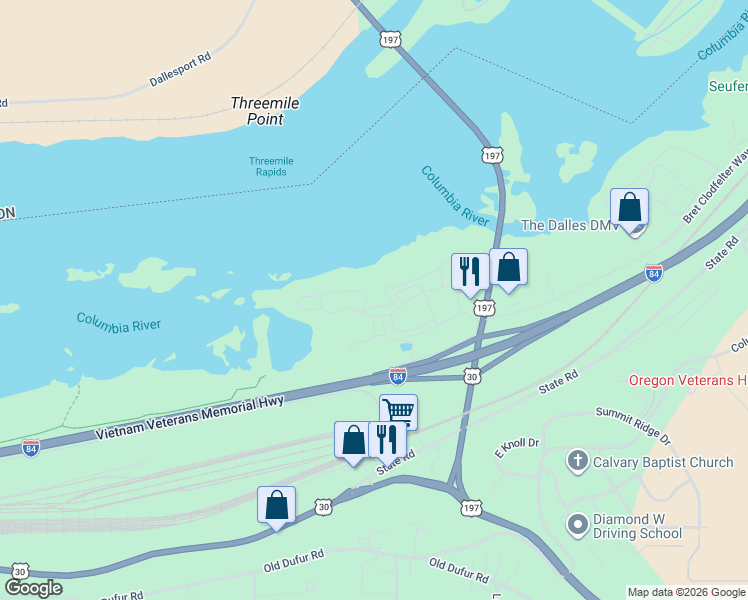 map of restaurants, bars, coffee shops, grocery stores, and more near 155 Southshore Avenue in The Dalles