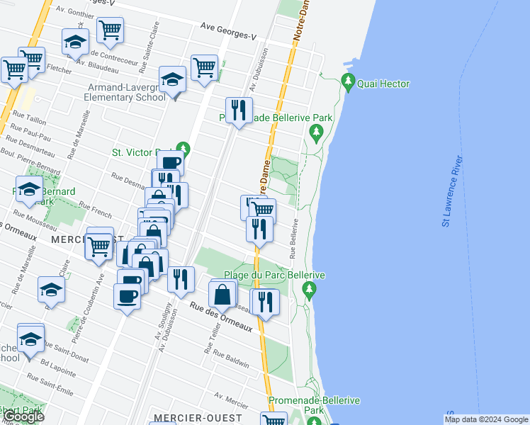 map of restaurants, bars, coffee shops, grocery stores, and more near 9104 Rue Notre-Dame Est in Montréal