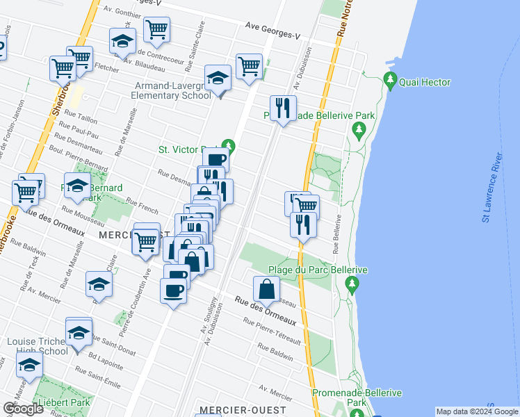 map of restaurants, bars, coffee shops, grocery stores, and more near 9050 Avenue Dubuisson in Montréal