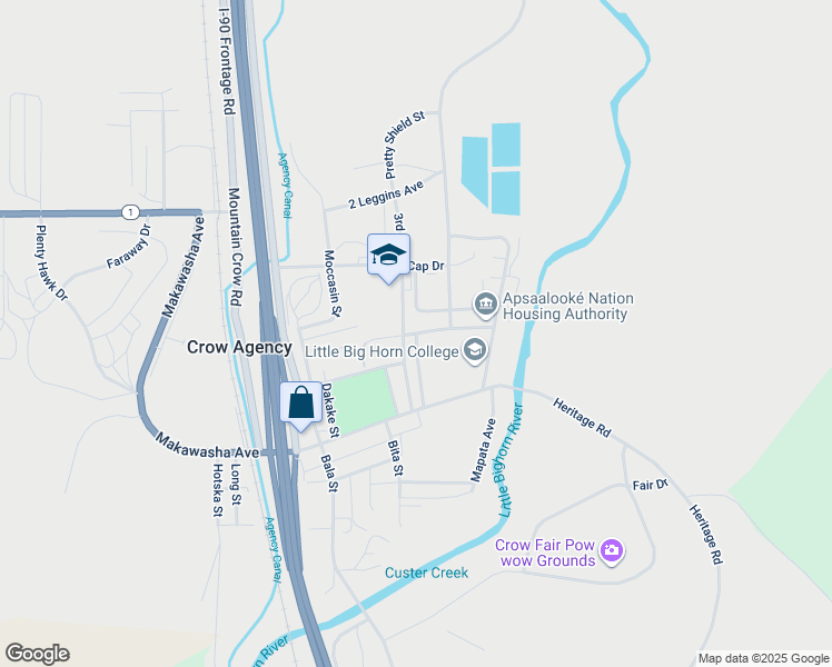 map of restaurants, bars, coffee shops, grocery stores, and more near 216 South Weaver Drive in Crow Agency