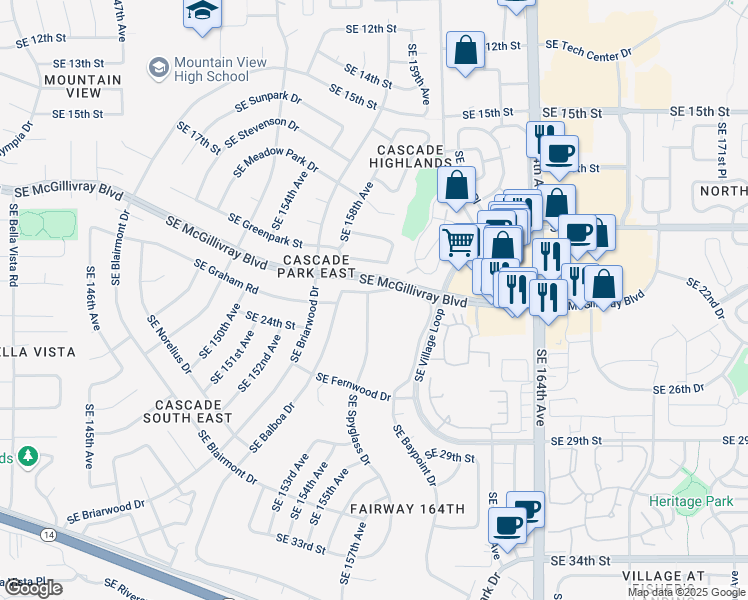 map of restaurants, bars, coffee shops, grocery stores, and more near 2303 Southeast Spyglass Drive in Vancouver