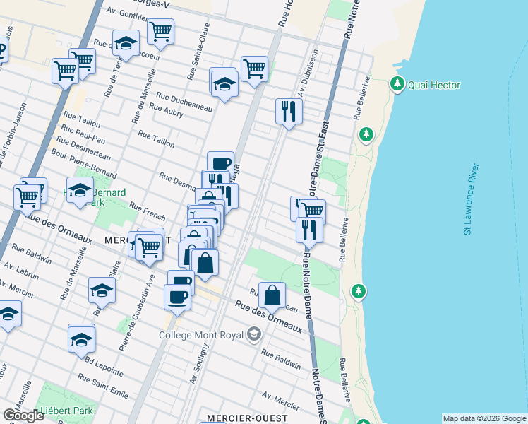 map of restaurants, bars, coffee shops, grocery stores, and more near 9050 Avenue Dubuisson in Montréal