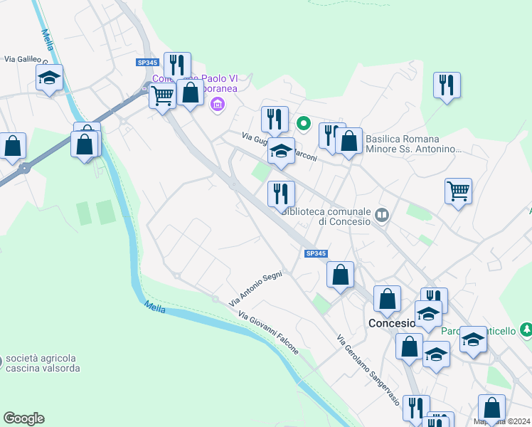 map of restaurants, bars, coffee shops, grocery stores, and more near 241 Via Europa in Concesio