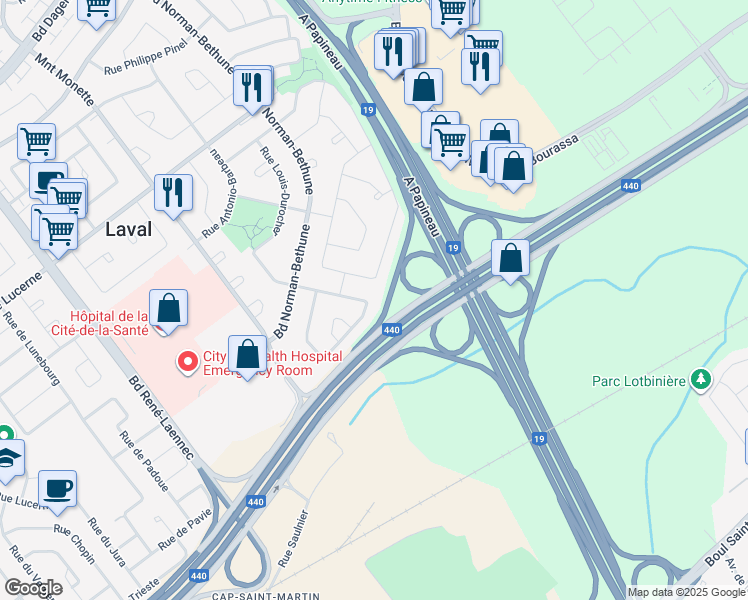 map of restaurants, bars, coffee shops, grocery stores, and more near 1589 Rue Louis Durocher in Laval