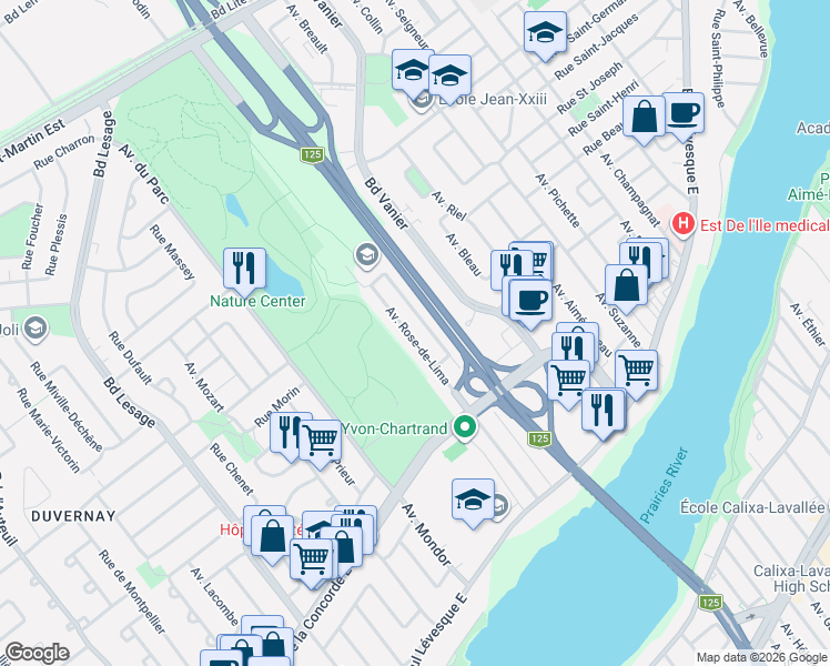 map of restaurants, bars, coffee shops, grocery stores, and more near 1009 Avenue Rose-de-Lima in Laval