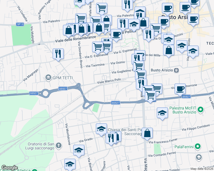 map of restaurants, bars, coffee shops, grocery stores, and more near 25 Via Arconate in Busto Arsizio