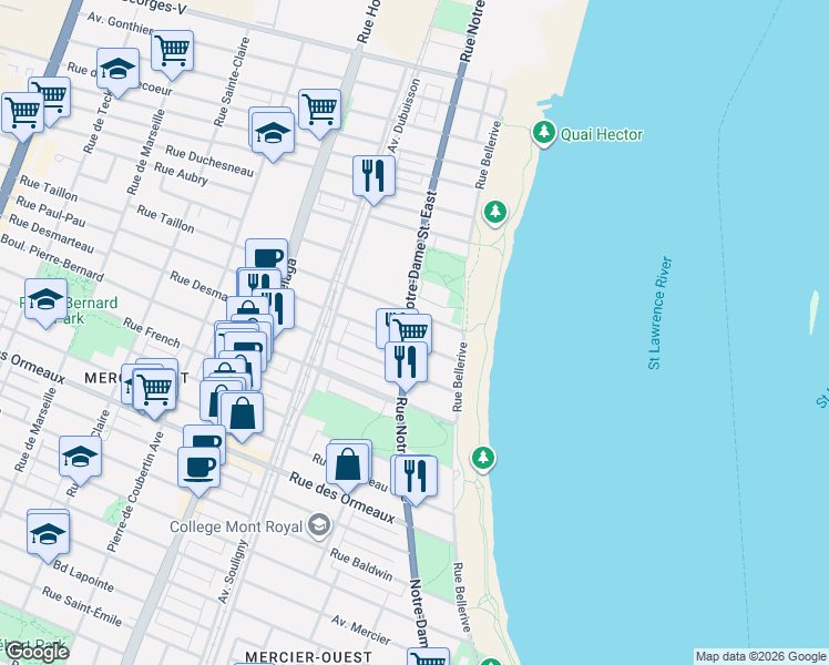 map of restaurants, bars, coffee shops, grocery stores, and more near 9104 Rue Notre-Dame Est in Montréal