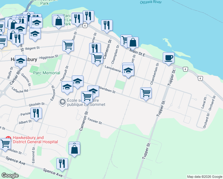 map of restaurants, bars, coffee shops, grocery stores, and more near 1179 Aberdeen Street in Hawkesbury
