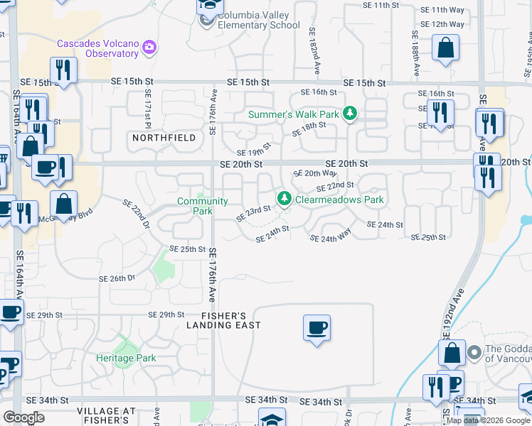 map of restaurants, bars, coffee shops, grocery stores, and more near 17811 Southeast 23rd Street in Vancouver