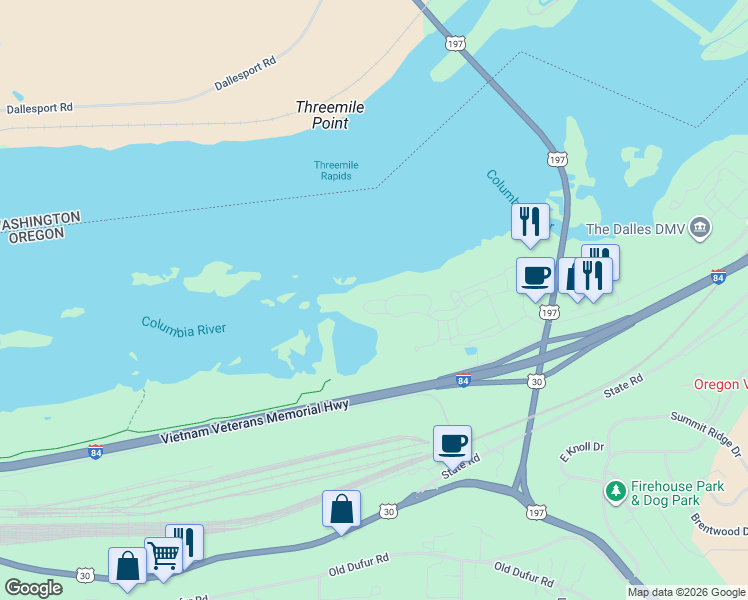 map of restaurants, bars, coffee shops, grocery stores, and more near Southshore Lane in The Dalles
