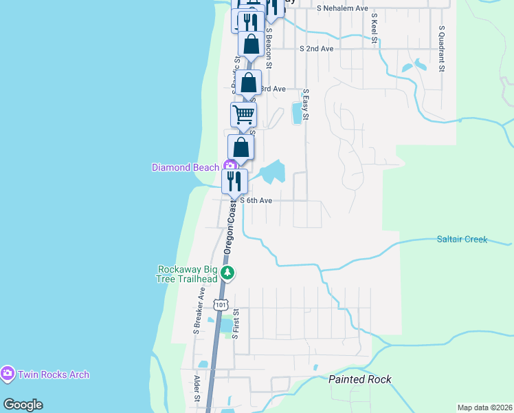 map of restaurants, bars, coffee shops, grocery stores, and more near 610 South Anchor Street in Rockaway Beach