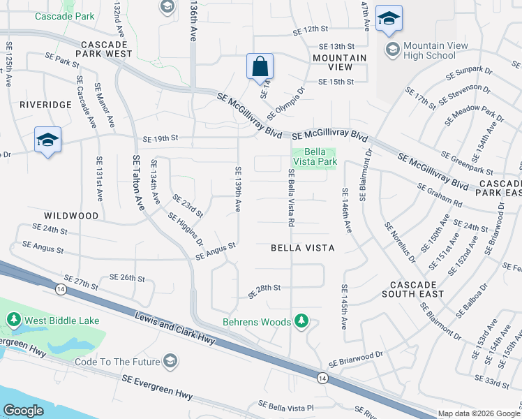 map of restaurants, bars, coffee shops, grocery stores, and more near 14025 Southeast 22nd Circle in Vancouver