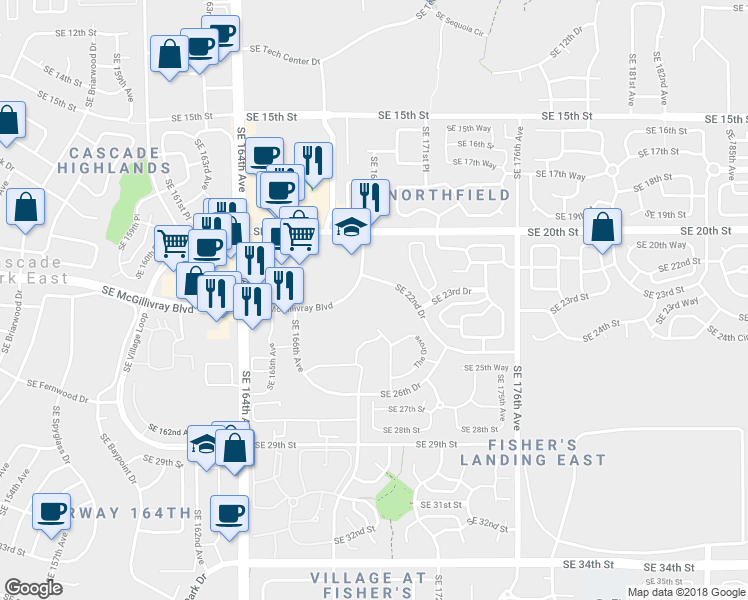 map of restaurants, bars, coffee shops, grocery stores, and more near 16811 Southeast McGillivray Boulevard in Vancouver