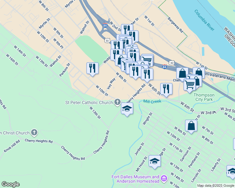 map of restaurants, bars, coffee shops, grocery stores, and more near 1201 West 10th Street in The Dalles