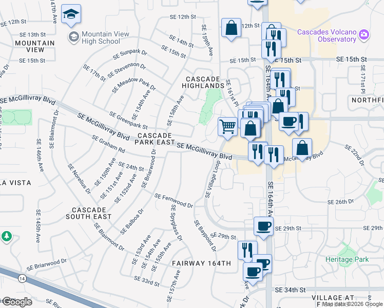 map of restaurants, bars, coffee shops, grocery stores, and more near 2303 Southeast Spyglass Drive in Vancouver
