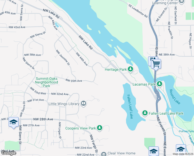 map of restaurants, bars, coffee shops, grocery stores, and more near 3428 Northwest Lacamas Lane in Camas