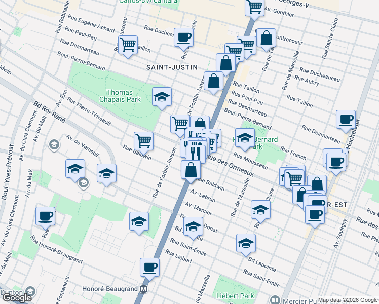 map of restaurants, bars, coffee shops, grocery stores, and more near 3814 Rue des Ormeaux in Montréal