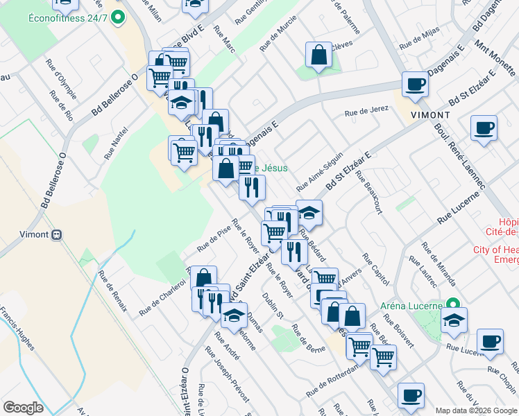 map of restaurants, bars, coffee shops, grocery stores, and more near in Laval