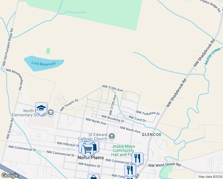 map of restaurants, bars, coffee shops, grocery stores, and more near 31235 Northwest North Avenue in North Plains