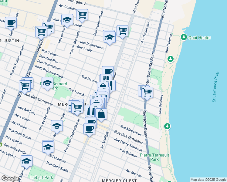 map of restaurants, bars, coffee shops, grocery stores, and more near 2304 Rue Desmarteau in Montréal