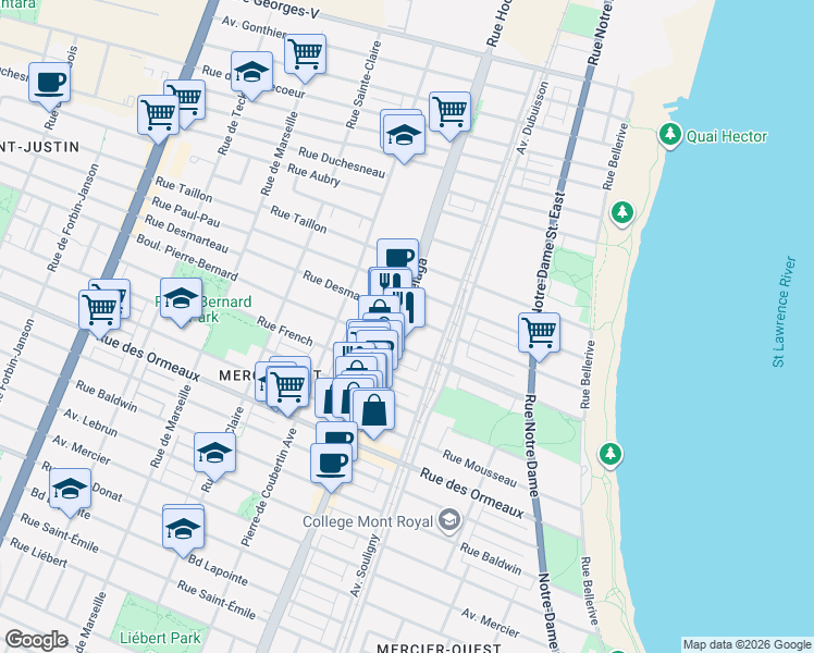 map of restaurants, bars, coffee shops, grocery stores, and more near 9012 Rue Hochelaga in Montréal