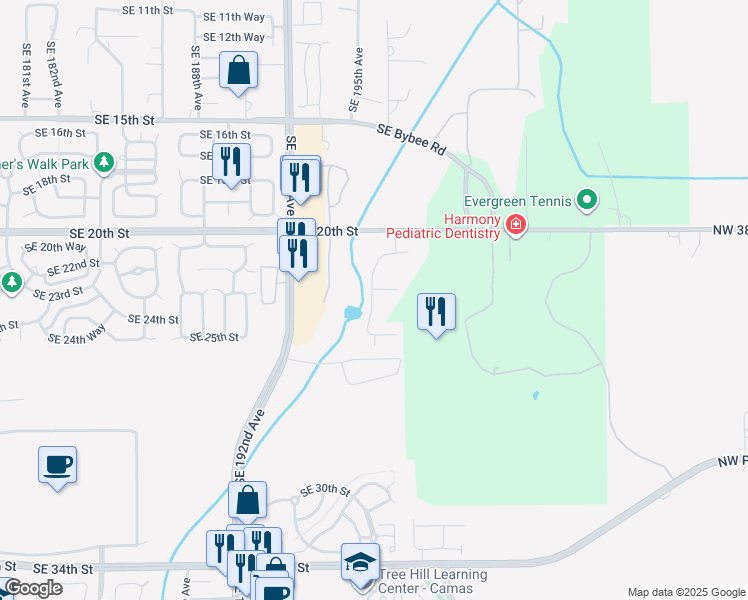 map of restaurants, bars, coffee shops, grocery stores, and more near 5988 Northwest 38th Avenue in Camas