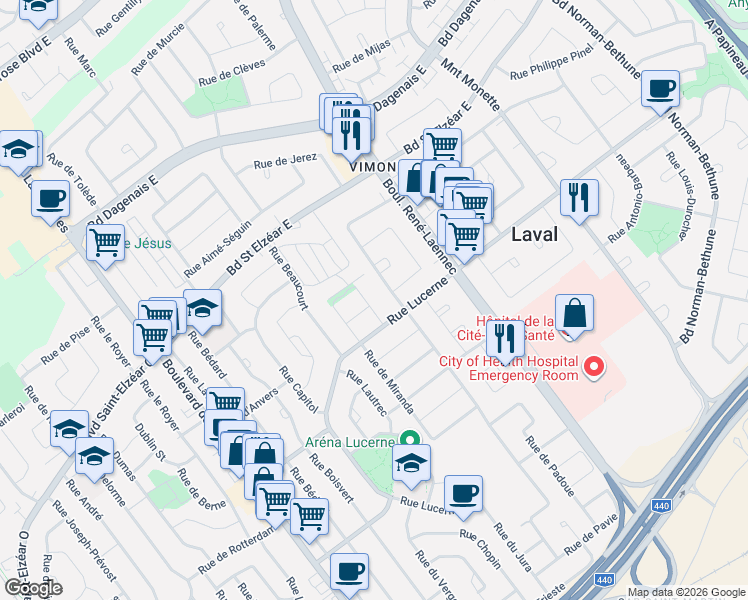 map of restaurants, bars, coffee shops, grocery stores, and more near 1869 Rue de Livourne in Laval