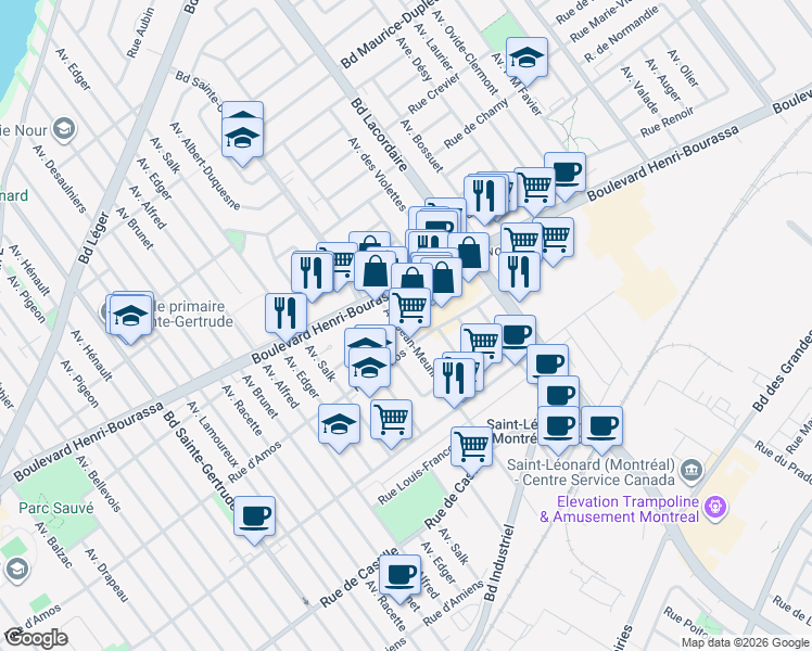 map of restaurants, bars, coffee shops, grocery stores, and more near 11331 Avenue Jean-Meunier in Montréal