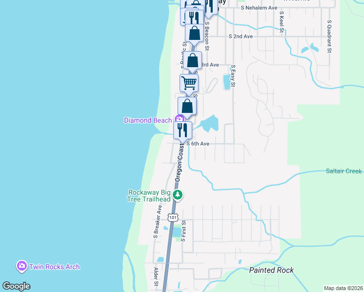 map of restaurants, bars, coffee shops, grocery stores, and more near 552 U.S. 101 in Rockaway Beach