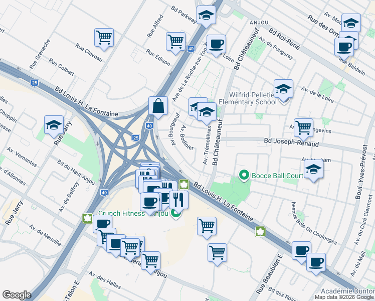 map of restaurants, bars, coffee shops, grocery stores, and more near 7801 Avenue Bodinier in Montréal