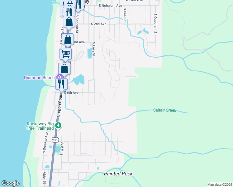 map of restaurants, bars, coffee shops, grocery stores, and more near 610 South Pacific View Drive in Rockaway Beach