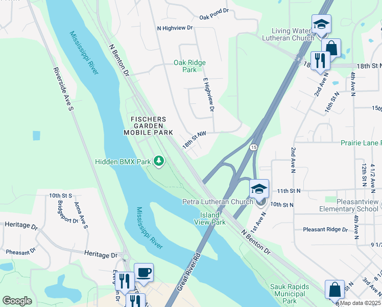 map of restaurants, bars, coffee shops, grocery stores, and more near 110 18th Street Northwest in Sauk Rapids