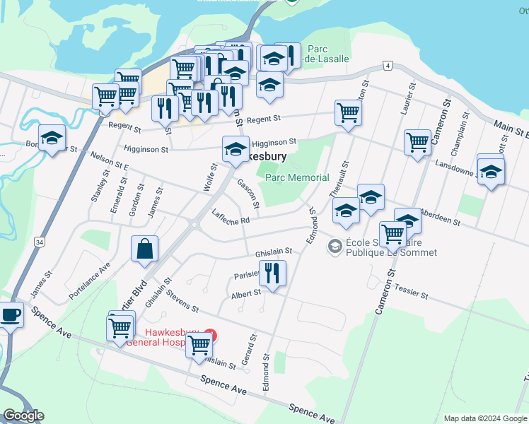 map of restaurants, bars, coffee shops, grocery stores, and more near 589 Lafleche Road in Hawkesbury