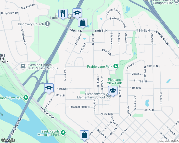 map of restaurants, bars, coffee shops, grocery stores, and more near 1211 4th Avenue North in Sauk Rapids