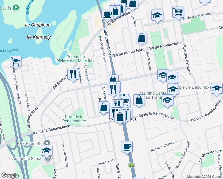 map of restaurants, bars, coffee shops, grocery stores, and more near 152 Rue Henri - Angers in Laval