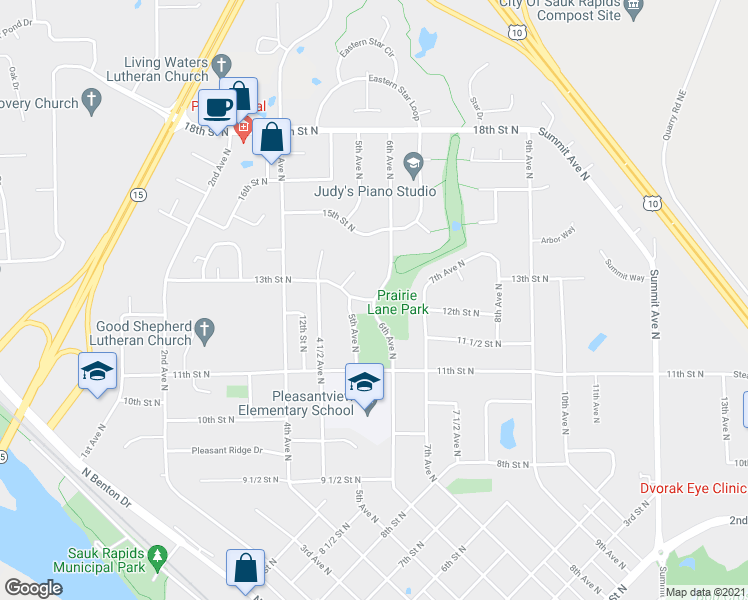 map of restaurants, bars, coffee shops, grocery stores, and more near 1299 6th Avenue North in Sauk Rapids