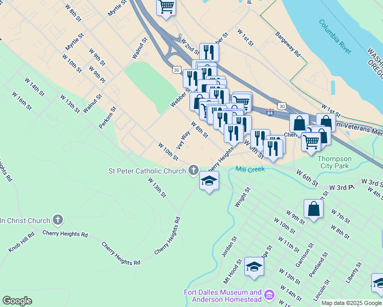 map of restaurants, bars, coffee shops, grocery stores, and more near 1201 West 10th Street in The Dalles
