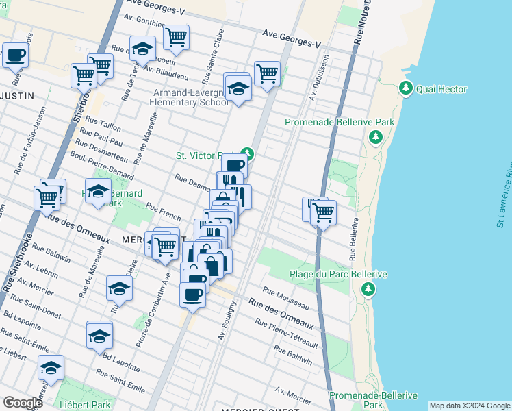 map of restaurants, bars, coffee shops, grocery stores, and more near 2285 Rue Desmarteau in Montréal