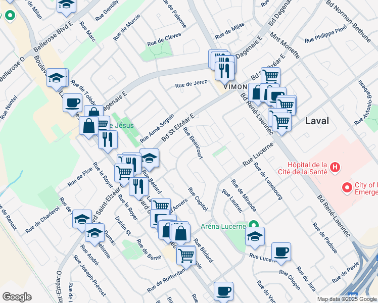 map of restaurants, bars, coffee shops, grocery stores, and more near 1887 Rue Capitol in Laval