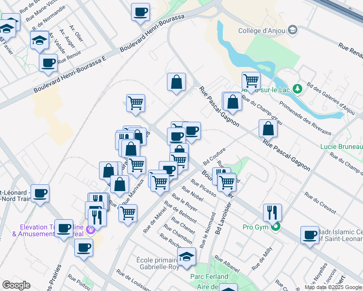 map of restaurants, bars, coffee shops, grocery stores, and more near 9220 Boulevard Langelier in Montreal