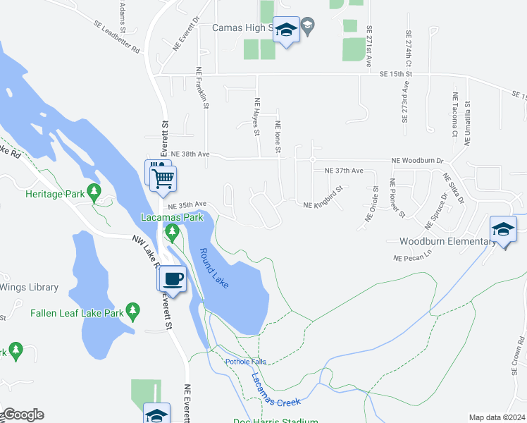 map of restaurants, bars, coffee shops, grocery stores, and more near 3504 Northeast Garfield Street in Camas
