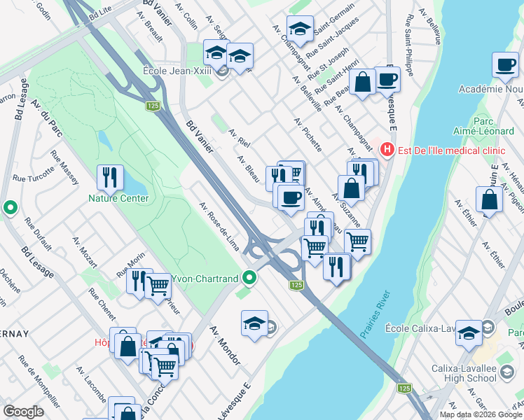map of restaurants, bars, coffee shops, grocery stores, and more near 900 Boulevard Vanier in Laval
