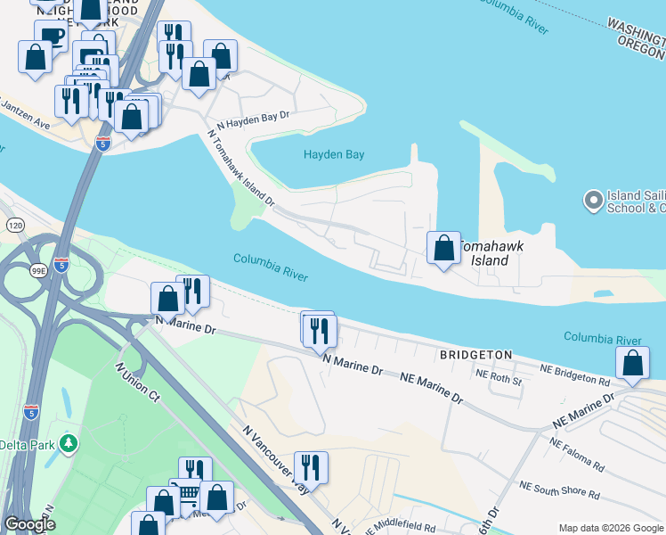map of restaurants, bars, coffee shops, grocery stores, and more near 410 North Tomahawk Island Drive in Portland