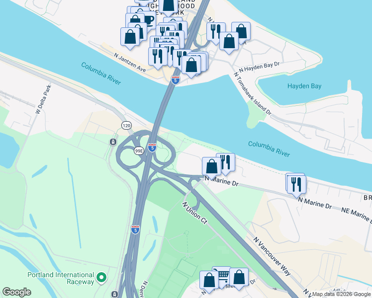 map of restaurants, bars, coffee shops, grocery stores, and more near 1245 North Anchor Way in Portland